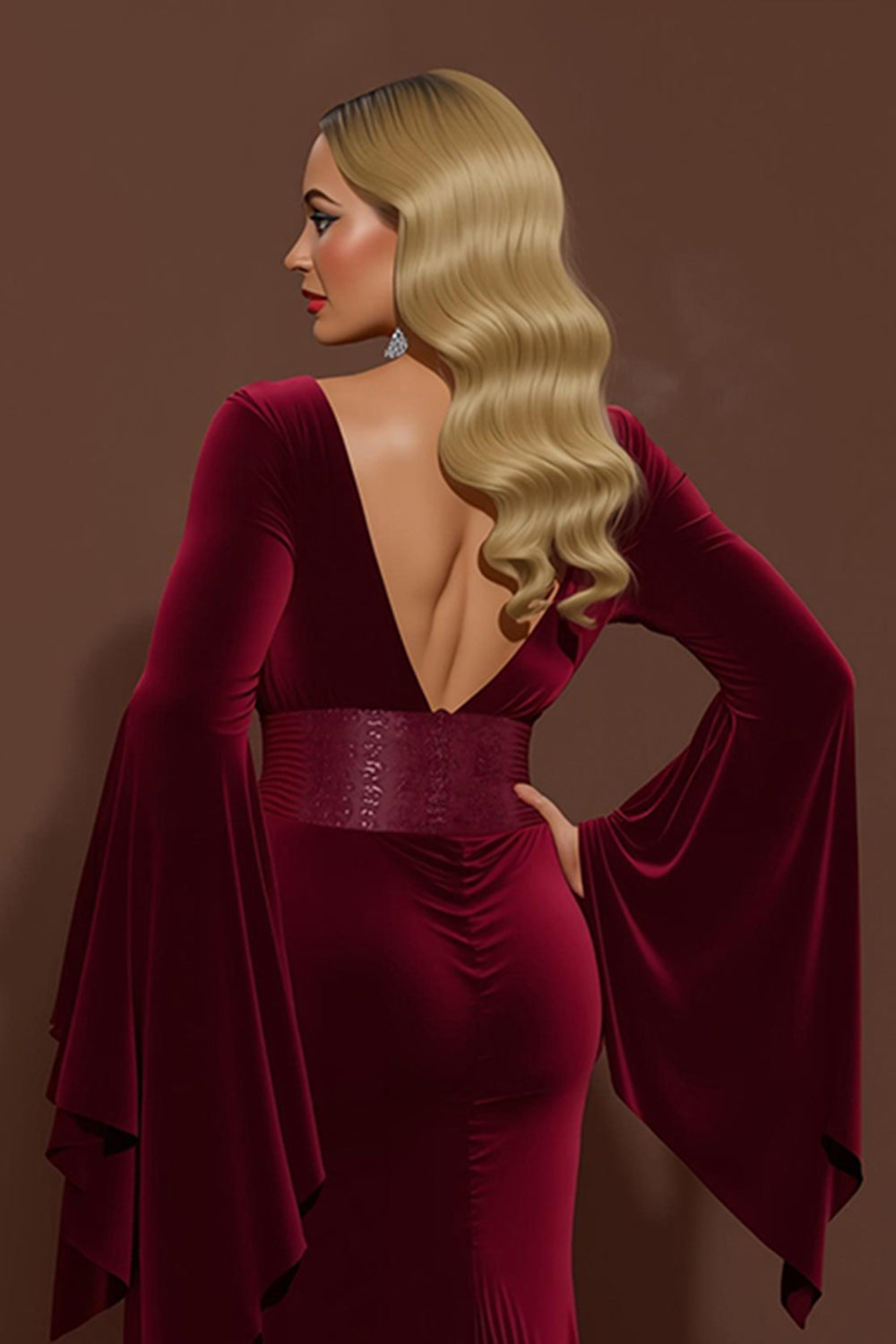 Burgundy Velvet V-Neck Holiday Dress with Long Sleeves