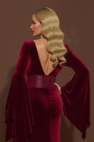 Burgundy Velvet V-Neck Holiday Dress with Long Sleeves