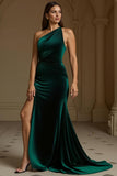 Mermaid One Shoulder Dark Green Velvet Holiday Dress with Slit