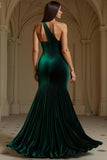 Mermaid One Shoulder Dark Green Velvet Holiday Dress with Slit