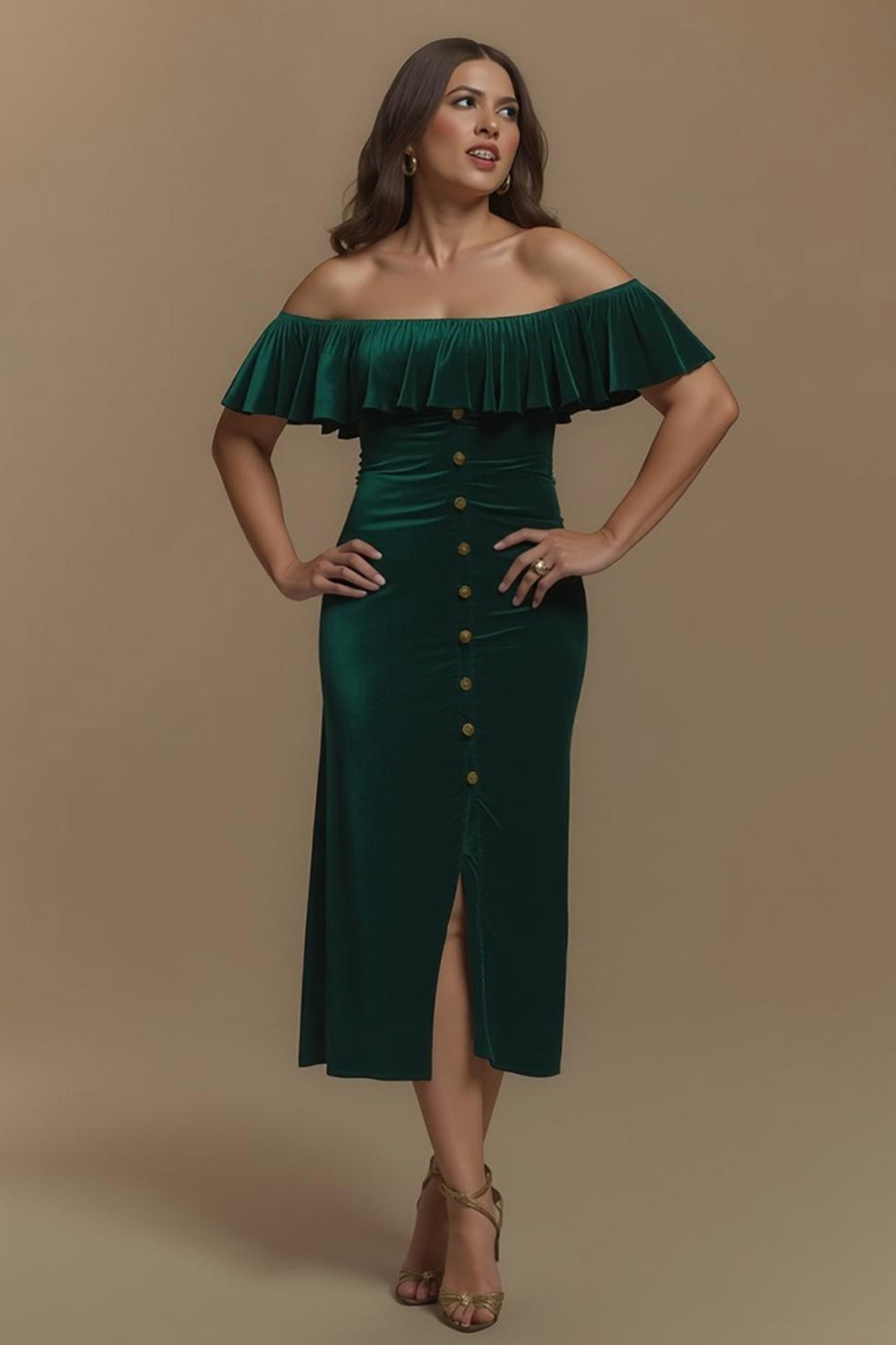 Velvet Off The Shoulder Dark Green Midi Holiday Dress with Slit