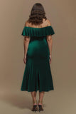 Velvet Off The Shoulder Dark Green Midi Holiday Dress with Slit