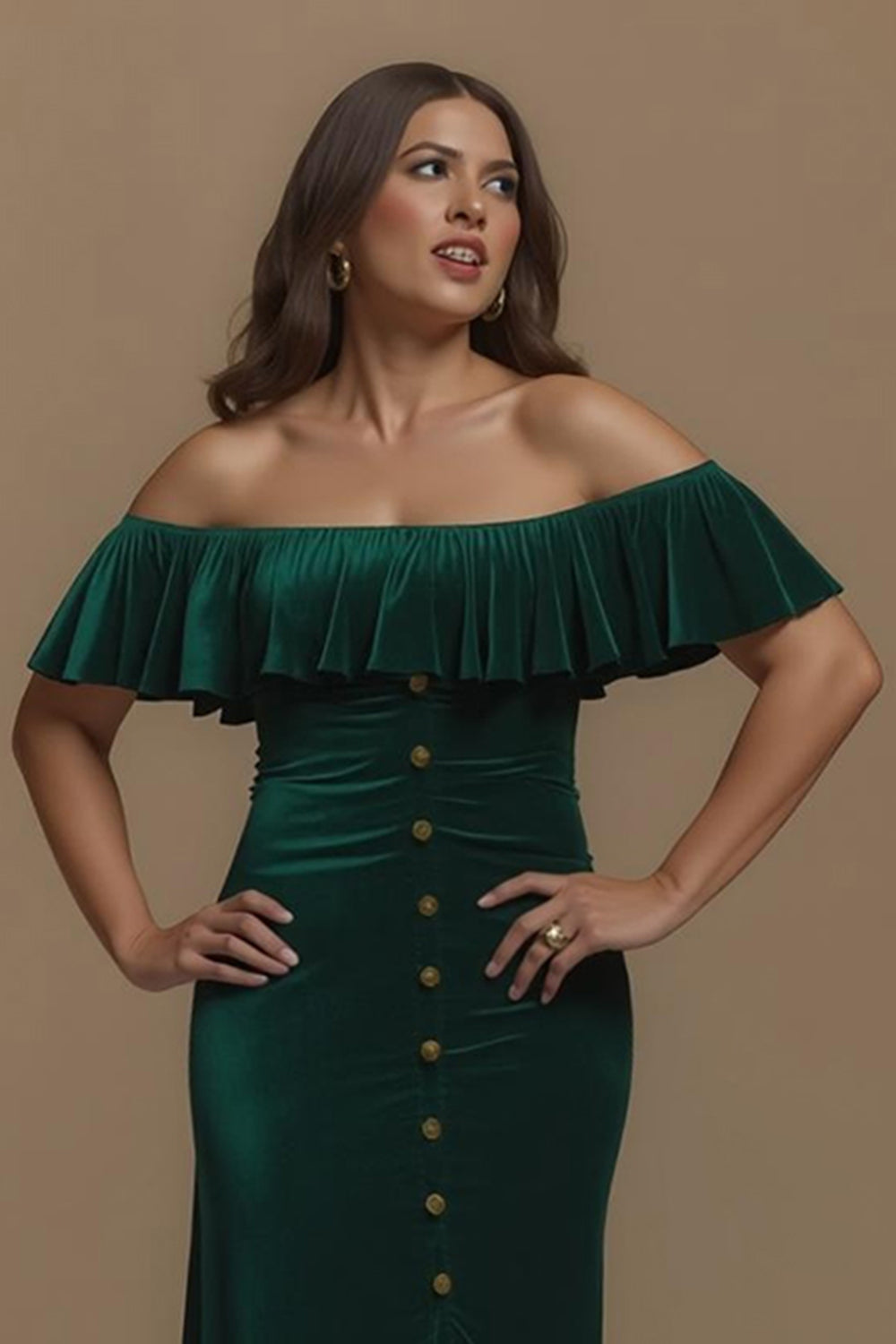 Velvet Off The Shoulder Dark Green Midi Holiday Dress with Slit