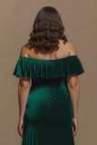 Velvet Off The Shoulder Dark Green Midi Holiday Dress with Slit