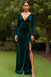 Long Sleeve V-Neck Sheath Dark Green Holiday Dress