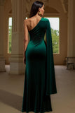 One Shoulder Sheath Dark Green Velvet Holiday Dress With Slit