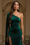 One Shoulder Sheath Dark Green Velvet Holiday Dress With Slit