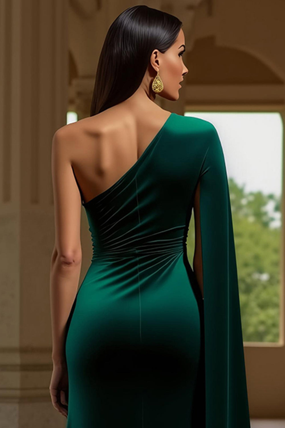 One Shoulder Sheath Dark Green Velvet Holiday Dress With Slit