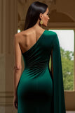 One Shoulder Sheath Dark Green Velvet Holiday Dress With Slit