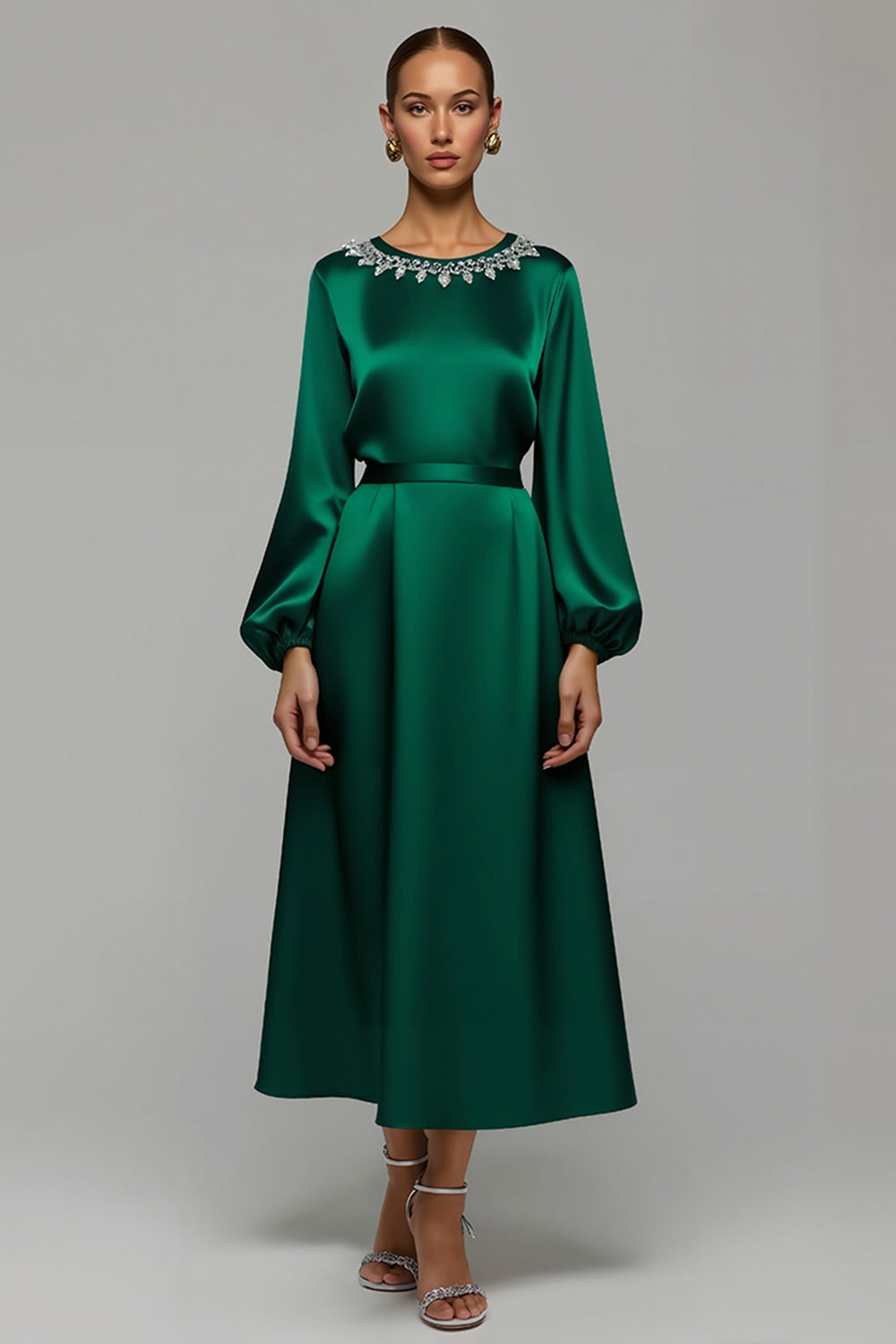Dark Green A-Line Long Sleeve Satin Holiday Dress With Rhinestones