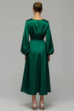Dark Green A-Line Long Sleeve Satin Holiday Dress With Rhinestones
