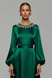 Dark Green A-Line Long Sleeve Satin Holiday Dress With Rhinestones