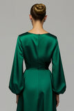 Dark Green A-Line Long Sleeve Satin Holiday Dress With Rhinestones