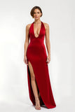 Halter Sheath Red Holiday Dress With Slit