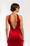 Halter Sheath Red Holiday Dress With Slit