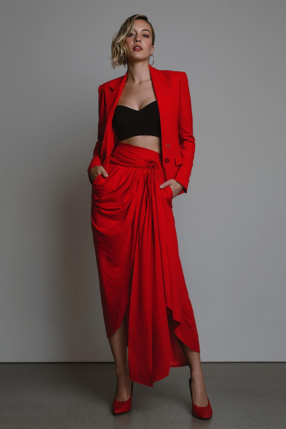 Red Notched Lapel 2-Piece Work Dress With Sash