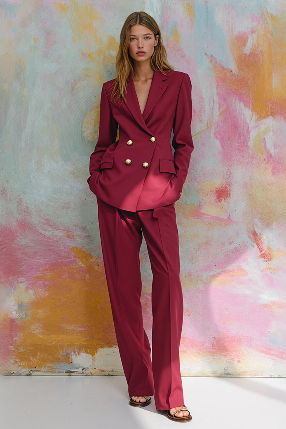 Burgundy 2-Piece Double Breasted Work Suits