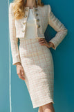 Ivory Pencil Tweed Double Breasted 2 Piece Midi Work Dress