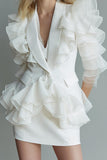 White Ruffle Shawl Lapel Mini Work Dress