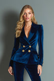2-Piece Velvet Double Breasted Royal Blue Women Business Suits