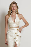 Champagne 2-Piece Halter Pencil Sequin Work Dress with Slit