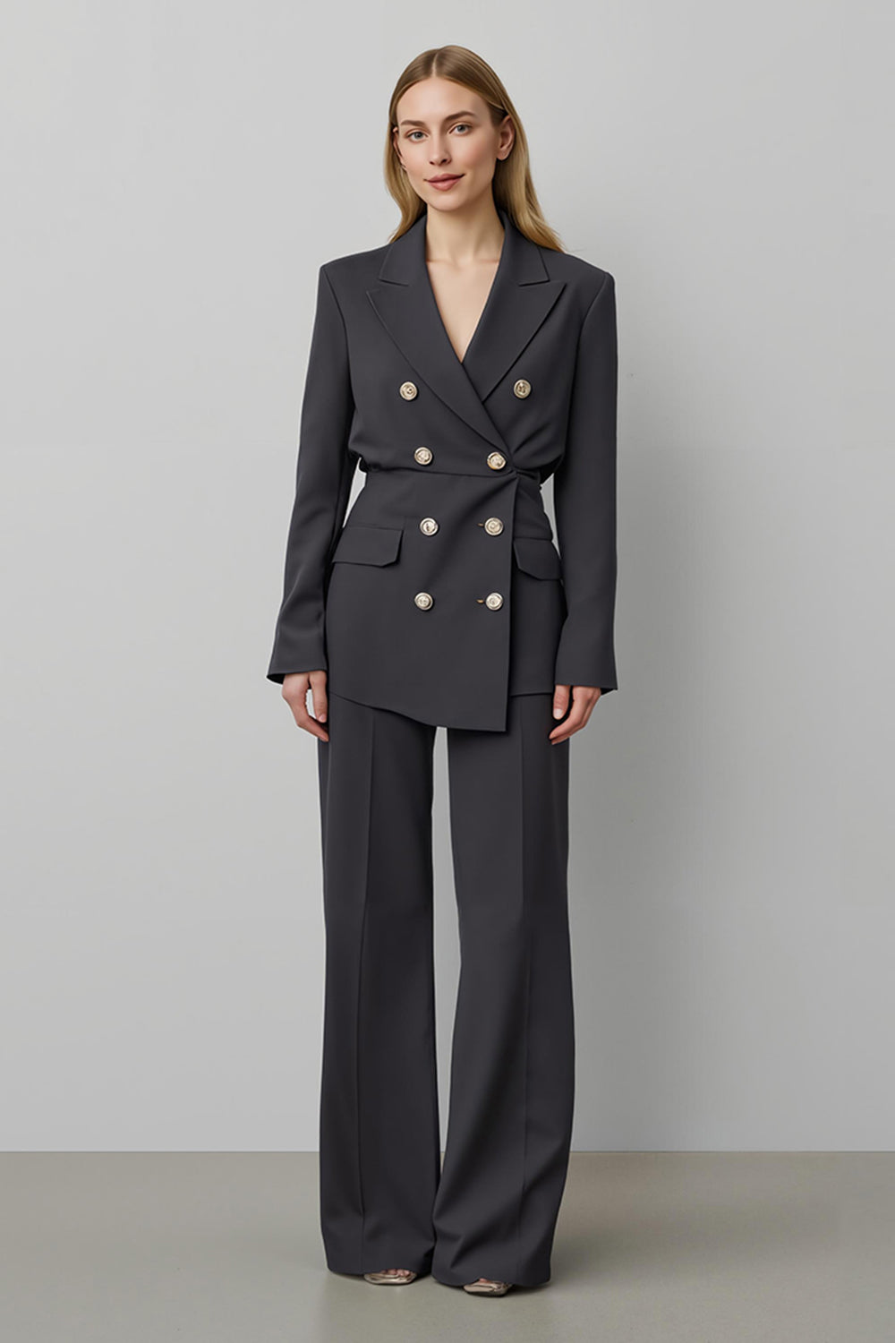 Dark Grey Double Breasted Peak Lapel 2 Piece Women Business Suits