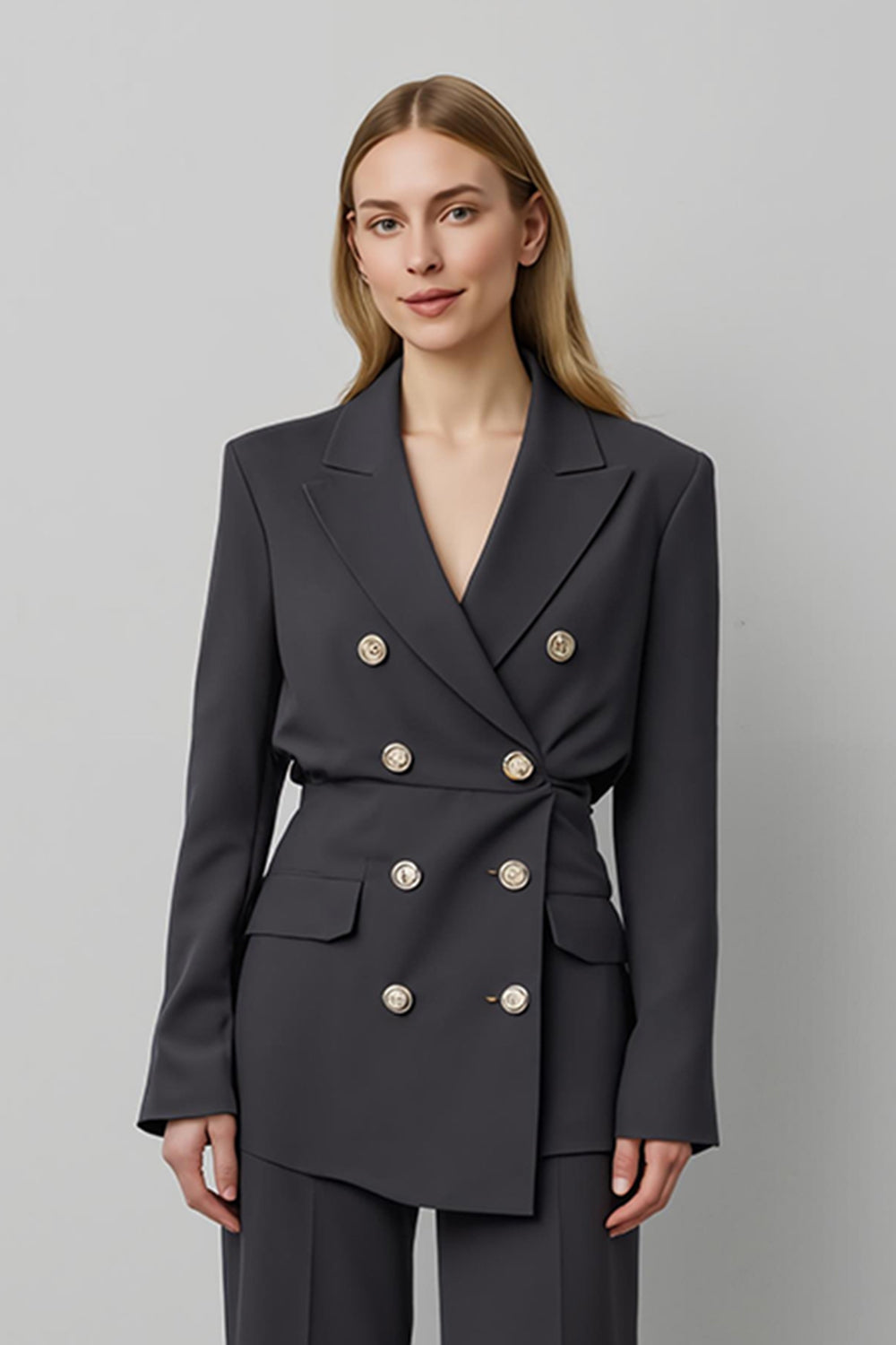 Dark Grey Double Breasted Peak Lapel 2 Piece Women Business Suits