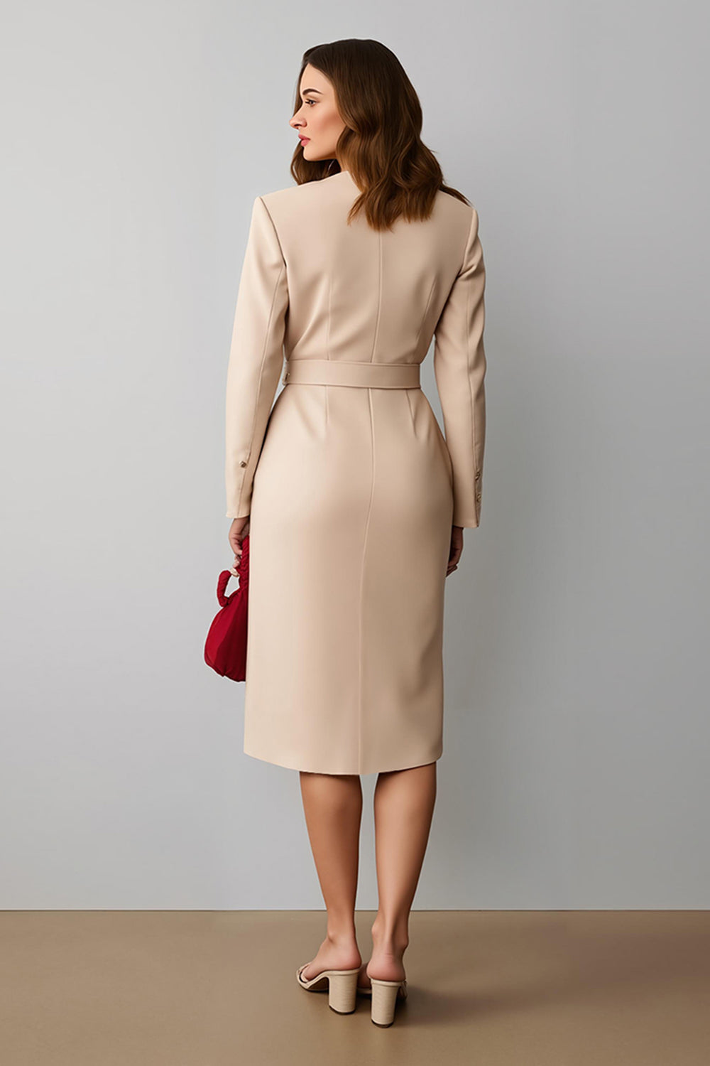 Champagne Notched Lapel Pencil Midi Blazer Dress With Belt