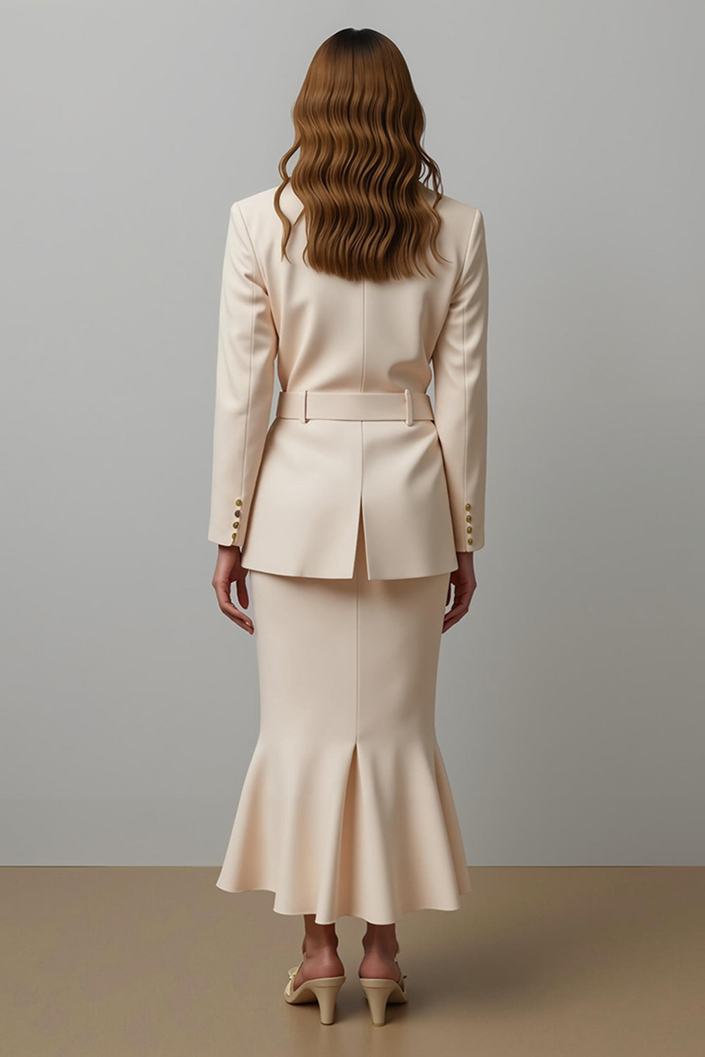 2-Piece Mermaid Notched Lapel Champagne Work Dress with Belt