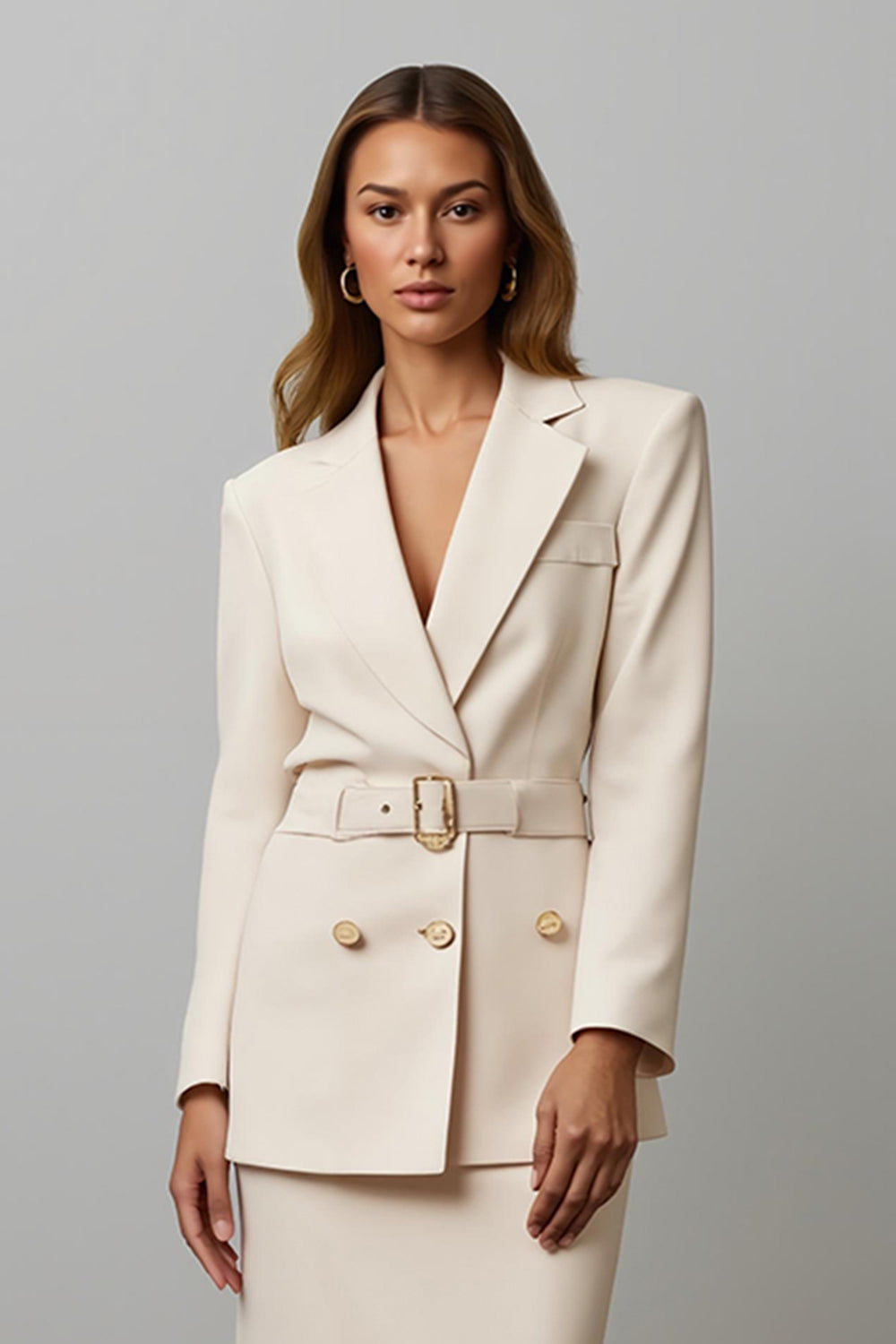 2-Piece Mermaid Notched Lapel Champagne Work Dress with Belt