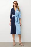 Navy Blue Sheath Patchwork Midi Blazer Dress With Tie