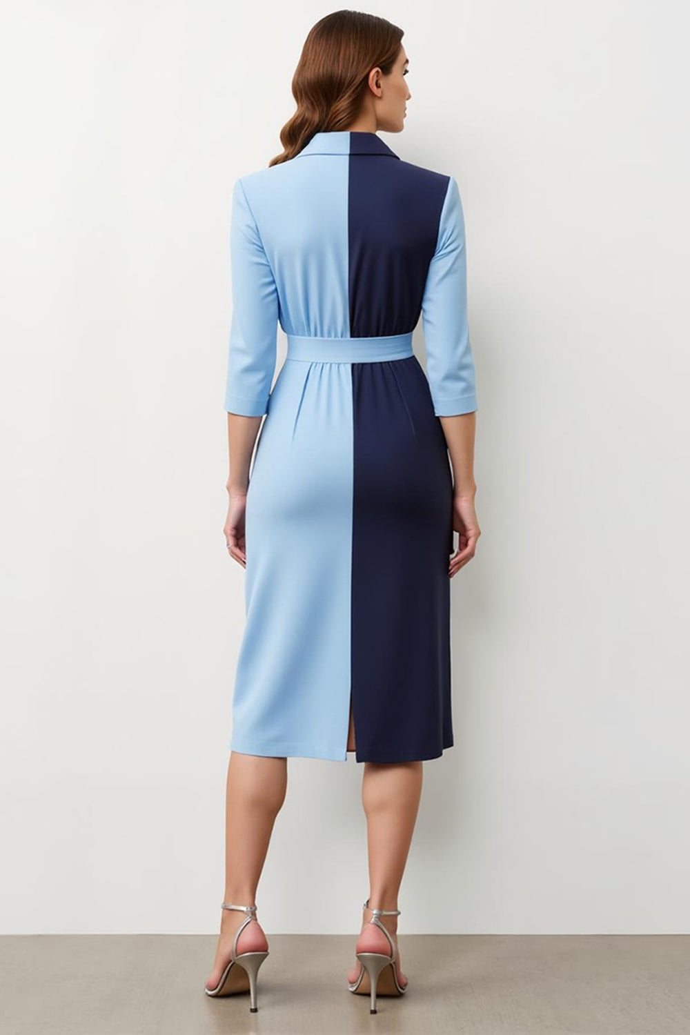 Navy Blue Sheath Patchwork Midi Blazer Dress With Tie