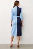 Navy Blue Sheath Patchwork Midi Blazer Dress With Tie