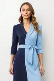 Navy Blue Sheath Patchwork Midi Blazer Dress With Tie