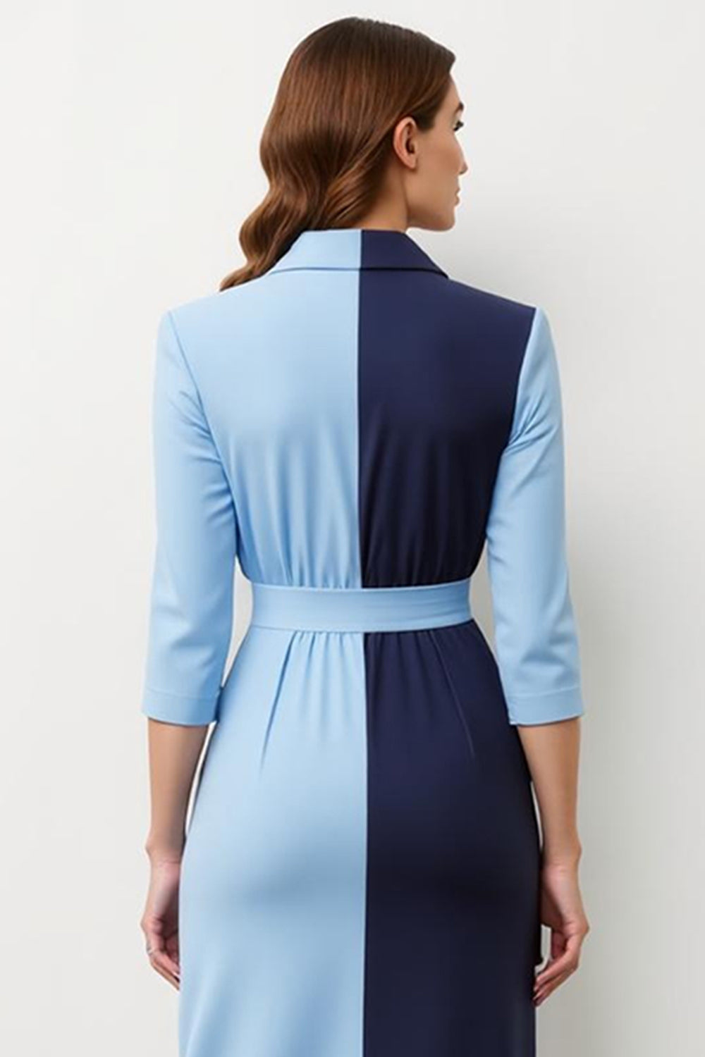 Navy Blue Sheath Patchwork Midi Blazer Dress With Tie