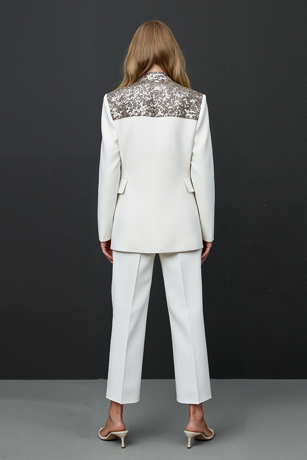 2-Piece White Peak Lapel Work Suit With Beading