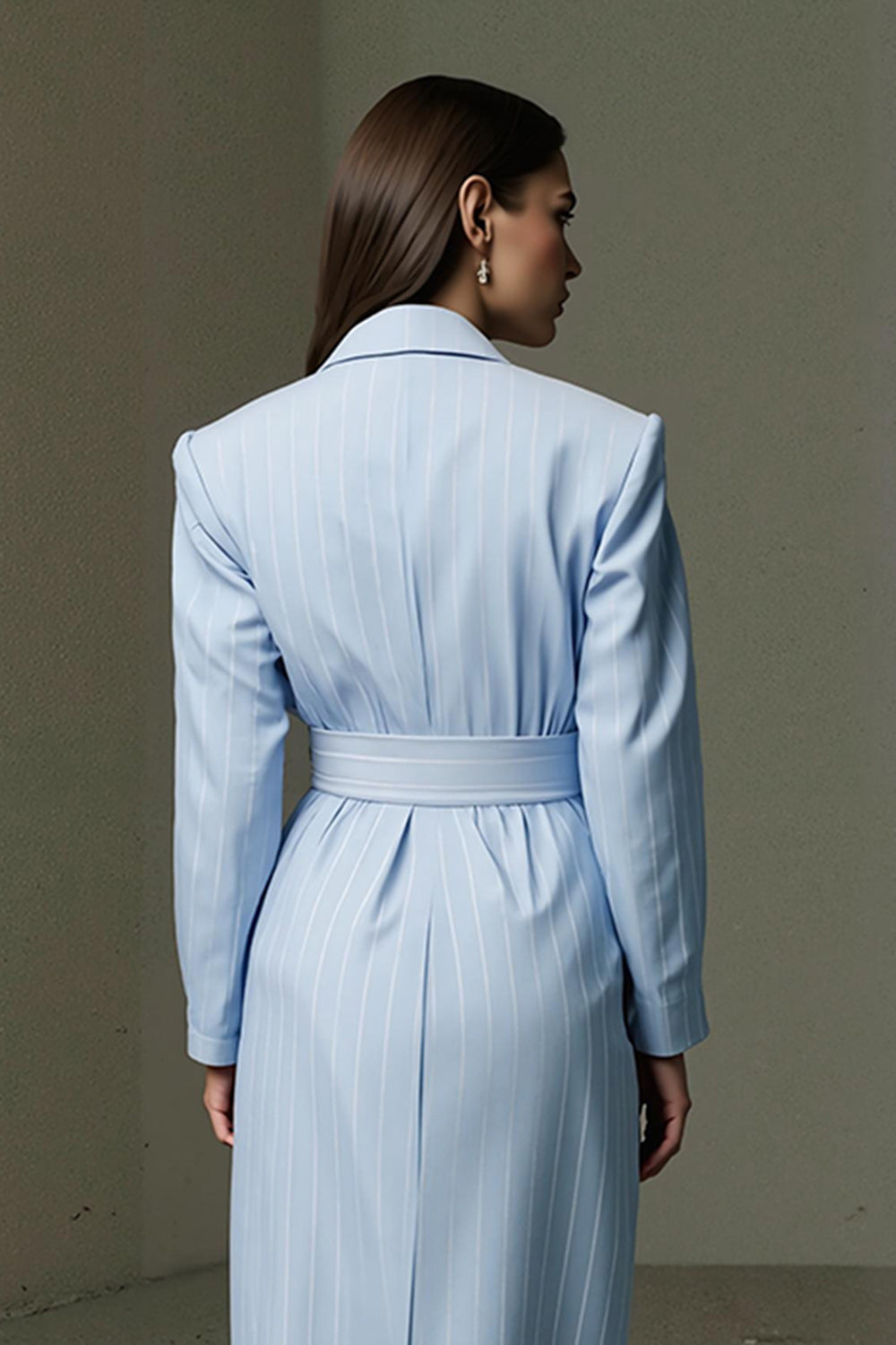 Blue Pencil Collar Neck Striped Midi Work Dress