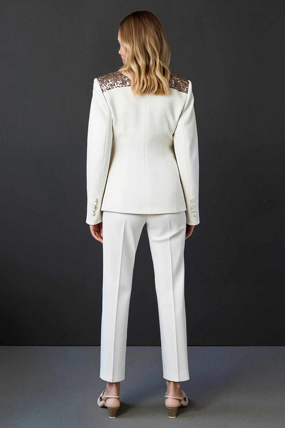 One Button 2-Piece White Women Work Suits with Seuiqns