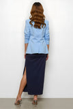 Navy Blue Sheath Notched Lapel 2 Piece Business Casual Dress With Slit