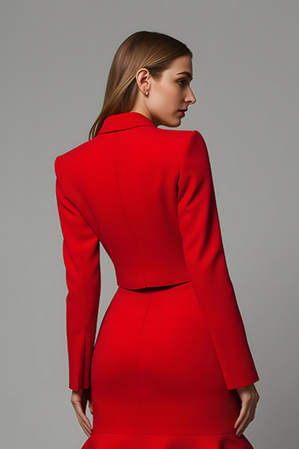 2-Piece Red Mermaid Peak Lapel Midi Skirt Suits