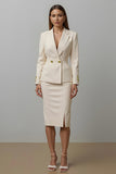 2 Piece Ivory Notched Lapel Pencil Work Dress With Slit