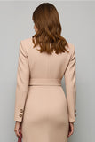 Blush Sheath Double Breasted Long Sleeve Work Dress With Slit