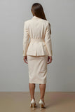 Ivory Pencil 2 Piece Notched Lapel Long Sleeve Work Dress With Belt