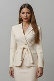 Ivory Pencil 2 Piece Notched Lapel Long Sleeve Work Dress With Belt