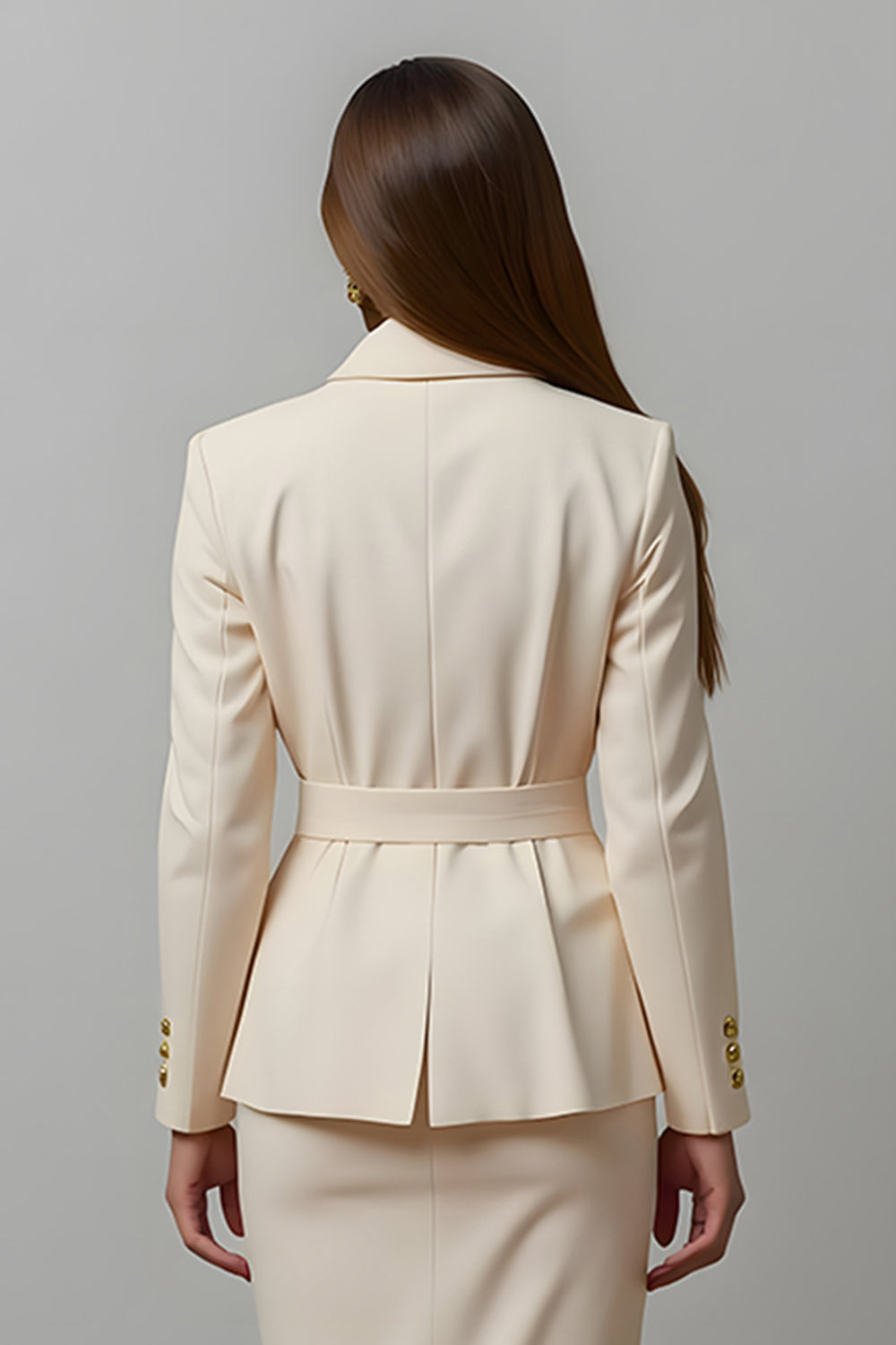 Ivory Pencil 2 Piece Notched Lapel Long Sleeve Work Dress With Belt