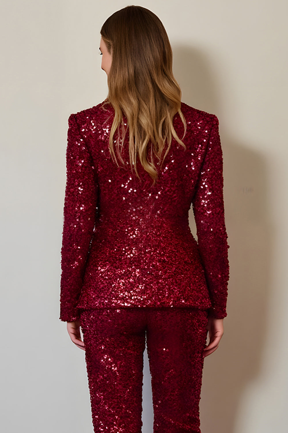 Sequin 2 Piece Burgundy Shawl Lapel Prom Suit