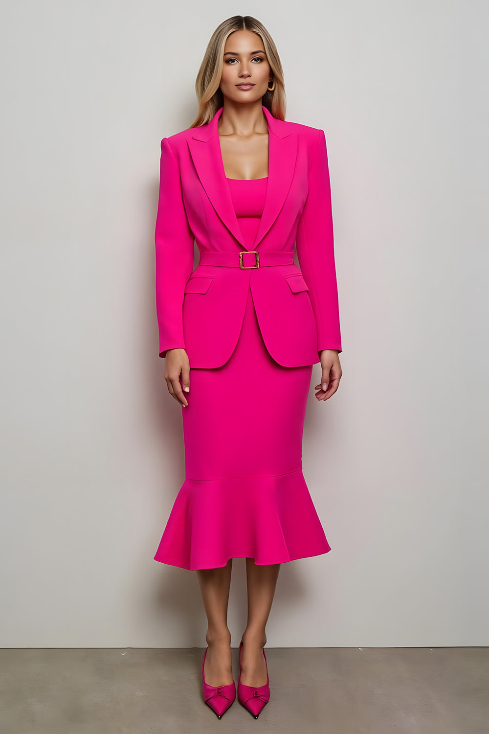 Fuchsia 2 Piece Mermaid Peak Lapel Midi Work Suit With Belt