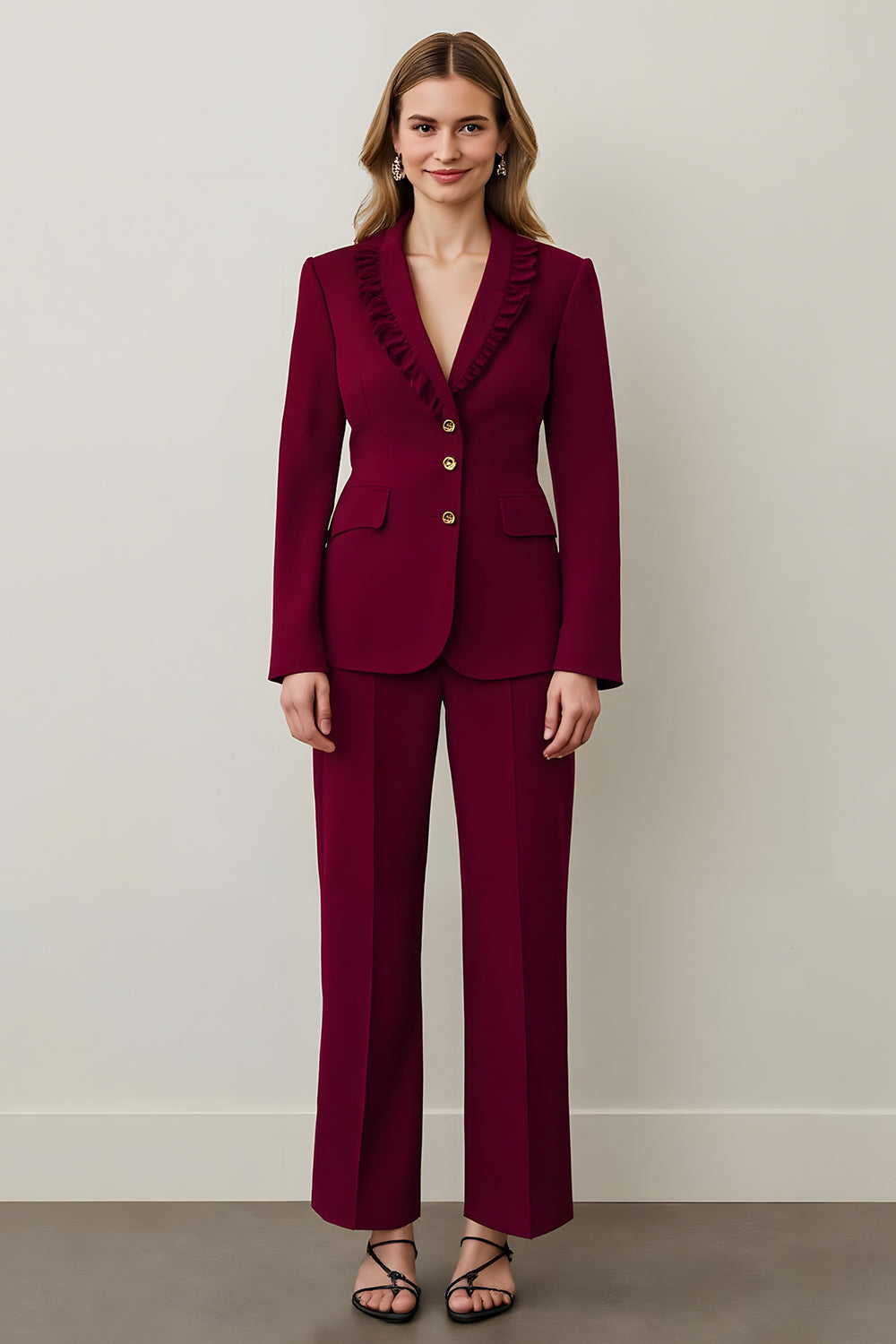 Burgundy Single Breasted 2 Piece Business Suits With Ruffles
