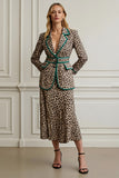 2 Piece Leopard Coffee Notched Lapel Midi Work Suit