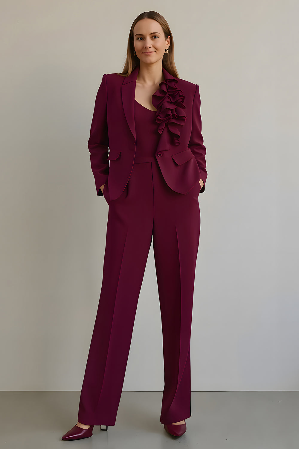 Burgundy 2 Piece Prom Suit With Ruffles
